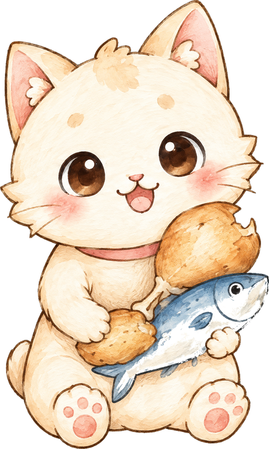 KINRIN 猫咪抱着鱼和鸡肉的品牌插画